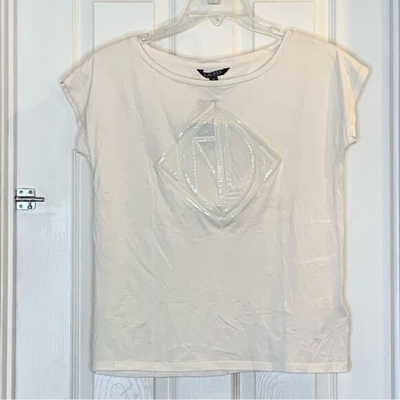Lauren Ralph Lauren Ladies Winter Cream Sequined Logo Tee Shirt Size Medium - Picture 12 of 13